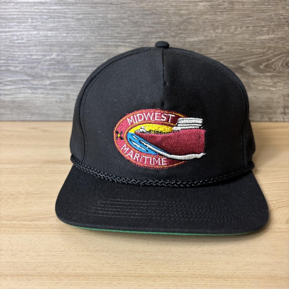 Vintage Midwest Maritime Hat Cap Strap Back Black Rope Embroidered USA
